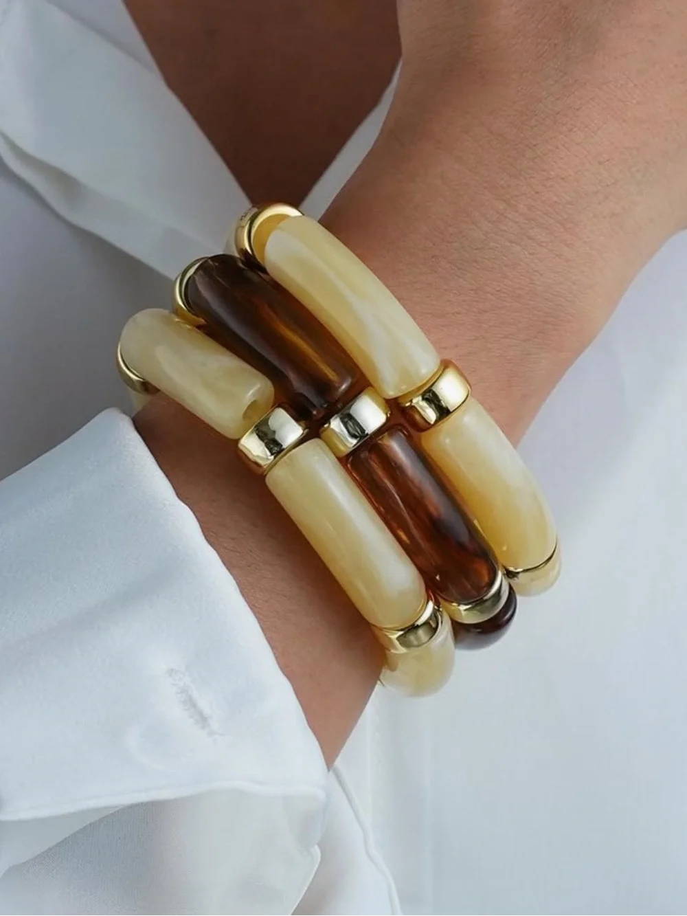 6pc Chunky Marbled Resin Bangle Set-Tortoise & Cream Gold-Tone Bracelet Stack